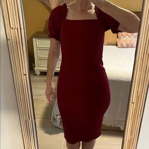 ANTONIO MELANI Burgundy Square Neck Midi Dress with Puff Sleeves